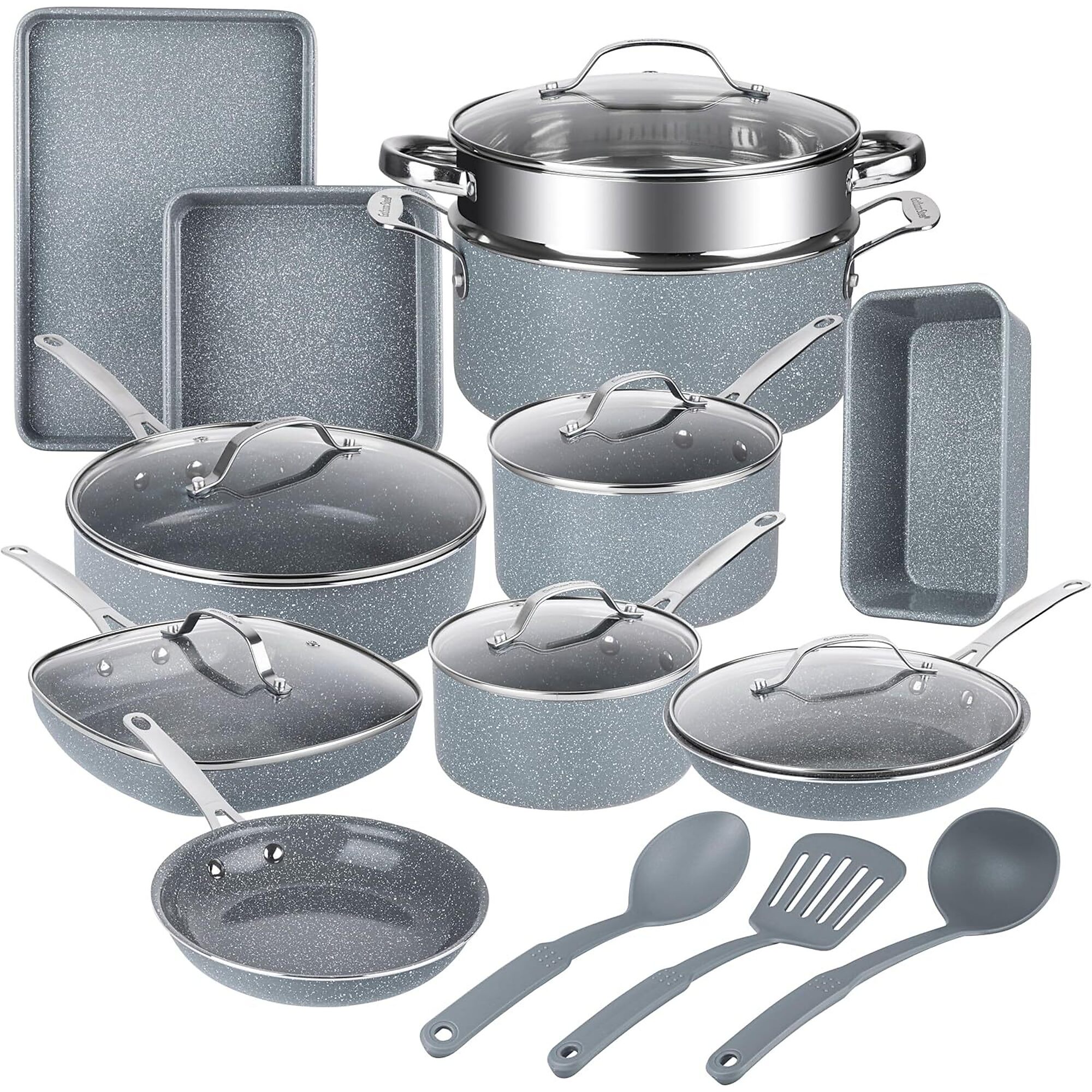 Granitestone Ceraluxe 20 Pc Ceramic Cookware Set Nonstick- Complete Pots and Pans Set Non Stick for Kitchen with Bakeware- Utensils + Steamer- Non Toxic Made Without PFOA PFOS- Oven + Dishwasher Safe- Grey